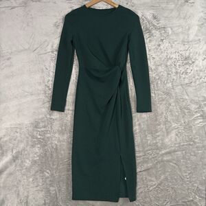 Dark Green Twist Front Midi Dress Small S Long Sleeve Side Slit Bodycon Shein
